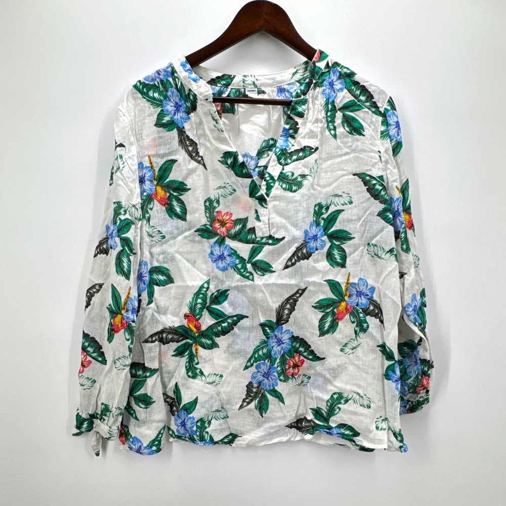 Old Navy Womens L White Tropical Floral Linen Woven Blouse Long Sleeve V-Neck